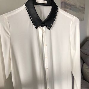 Sheer blouse with faux leather collar